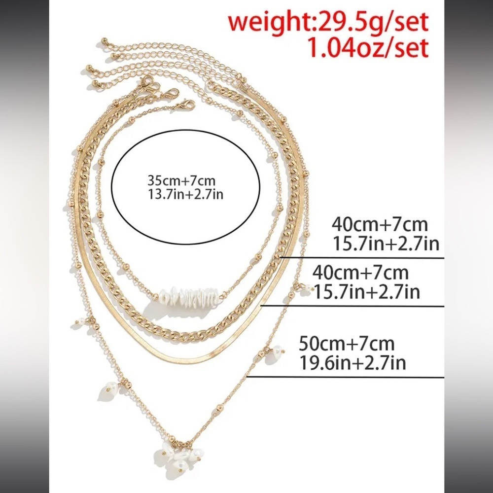 Flirty Layered Tiered 4Pcs Faux Pearl Beading Chain Layered Necklaces Set Gold. - Picture 4 of 4